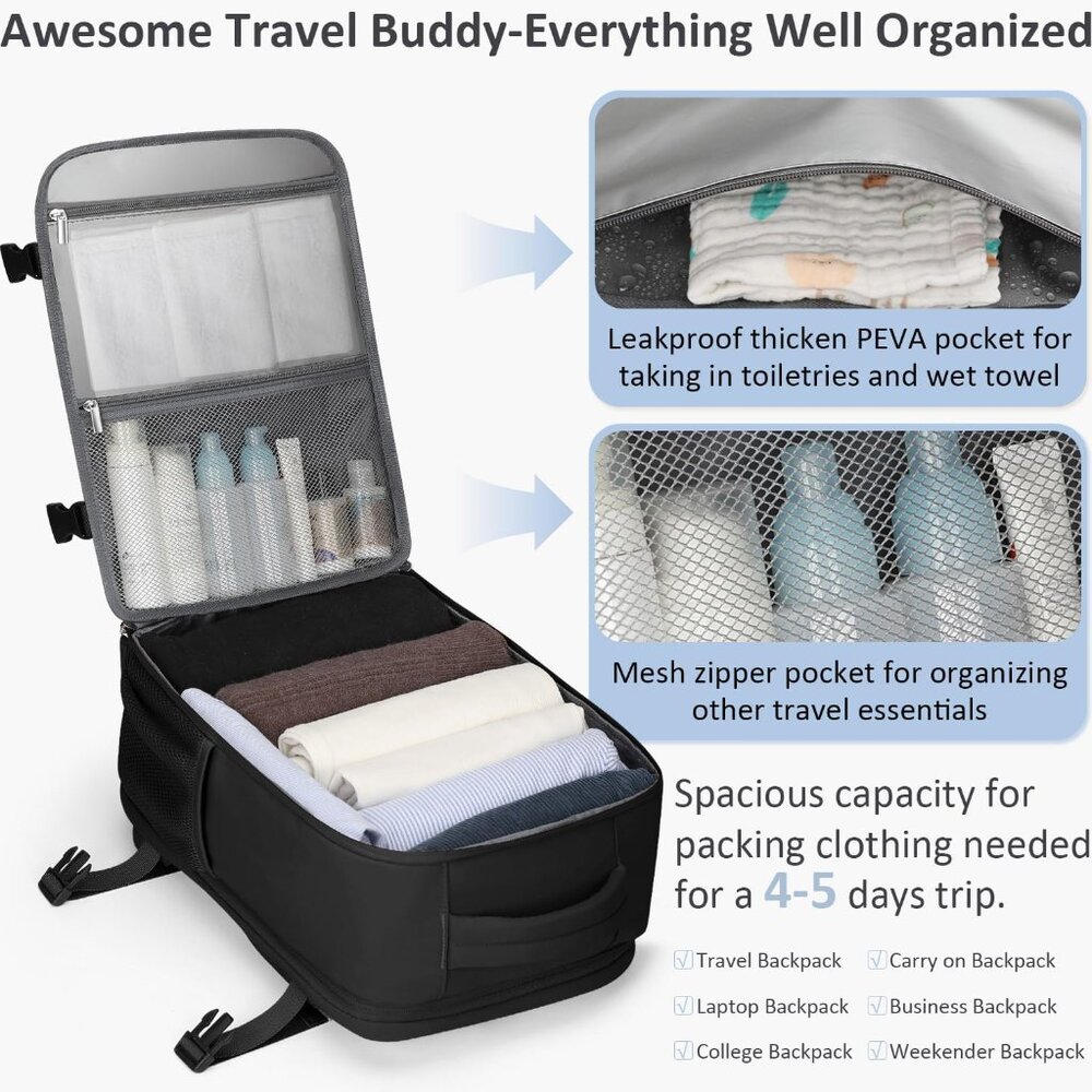 Travel Backpack for Women Men Carry on Flight Approved Lightweight 15.6 Inch Lap - Picture 3 of 6